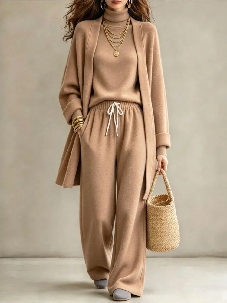 Autumn Winter New Fashion Double-sided Velvet High Collar Base Shirt Long Coat 3-piece Set Women's Casual Warm Wide Leg Suit2026