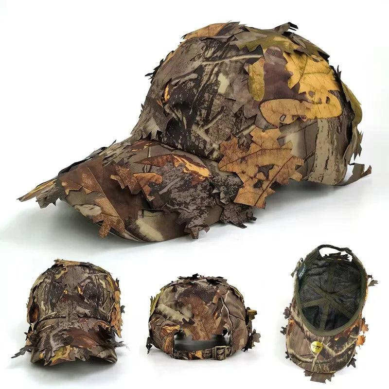 Men's Camouflage Boonie Hats 3D Leaves Camo Tactical Cap Ghillie Caps Hunter Sniper Hats Fishing Sunshade Hunting Accessories