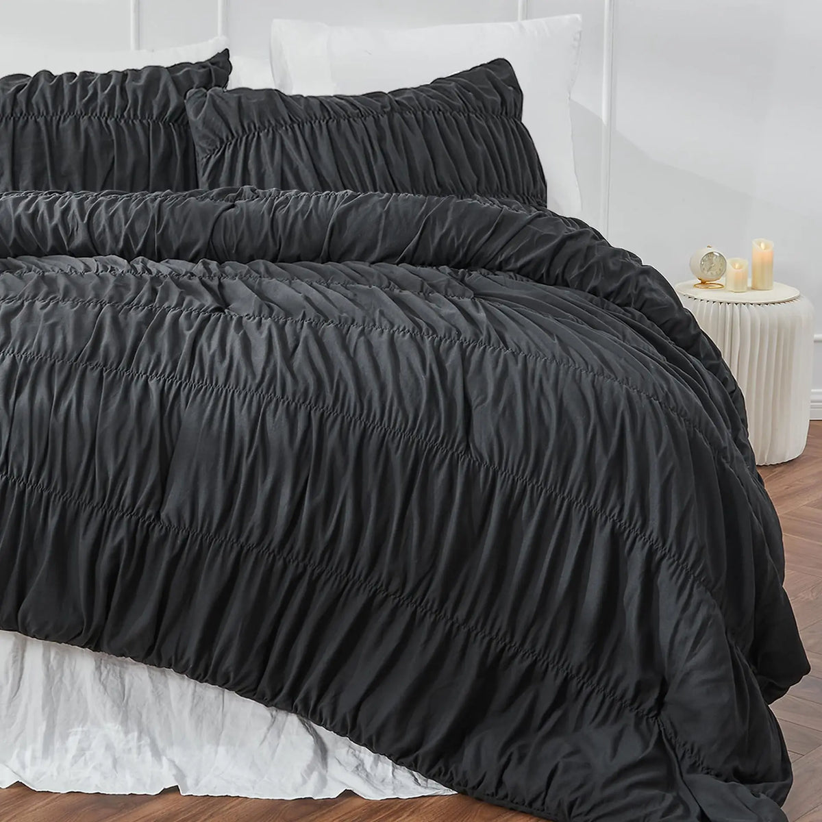 Ruched Black Duvet Cover Soft and Luxury Twin Queen King Comforter Cover Boho Shabby Chic Bedding Set - Fluffy 2/3 Piece Set