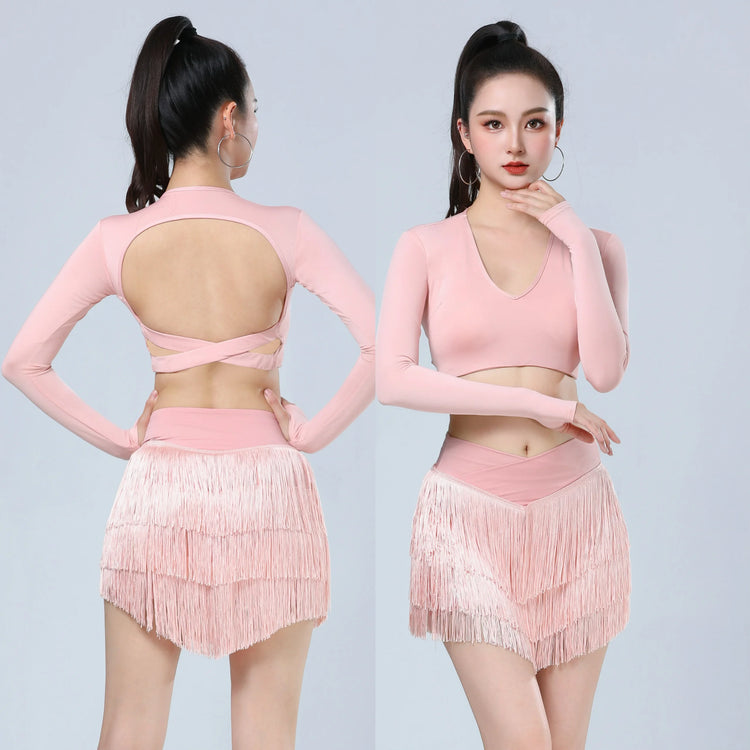 New Latin Dance Clothes Long Sleeves Backless Tops Fringe Skirt Women Cha Cha Rumba Samba Dance Training Practice Wear