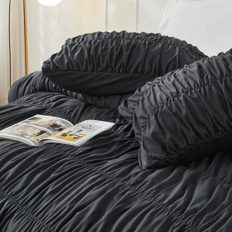Ruched Black Duvet Cover Soft and Luxury Twin Queen King Comforter Cover Boho Shabby Chic Bedding Set - Fluffy 2/3 Piece Set