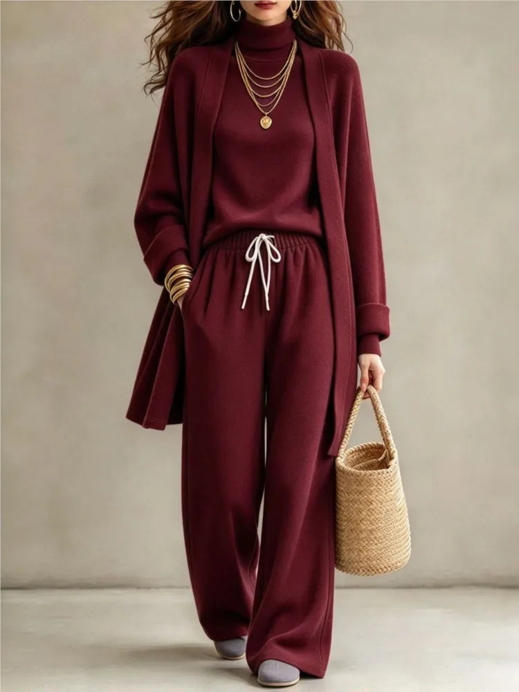 Autumn Winter New Fashion Double-sided Velvet High Collar Base Shirt Long Coat 3-piece Set Women's Casual Warm Wide Leg Suit2026
