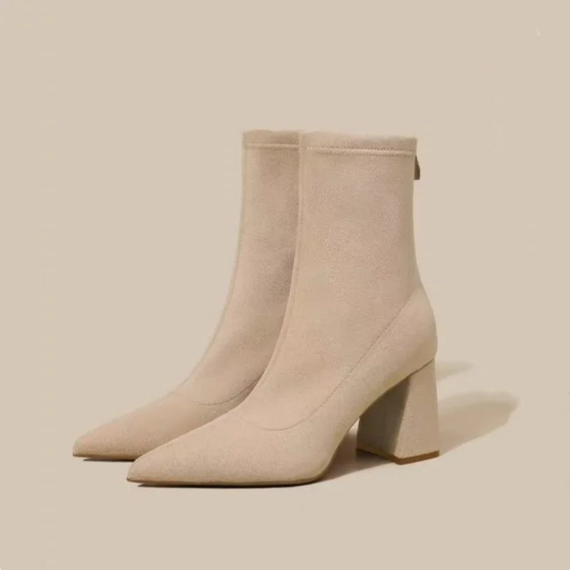Elegant Plus Size Winter Boots Pointed Toe Suede Comfortable Square Heel Casual Work Booties for Women Fashionable New Style Hor