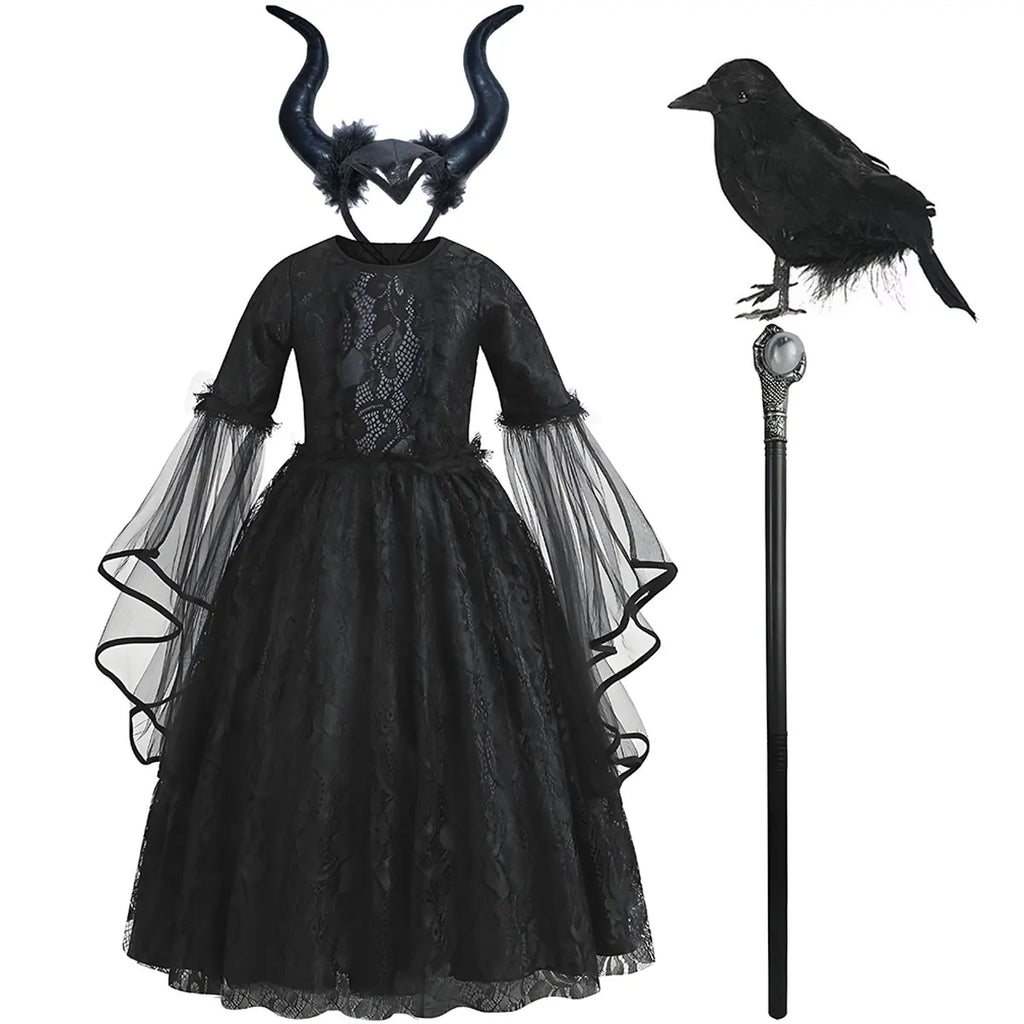2026 Halloween Carnival Girls Play Black Evil Witch Vampire Elegant Cute Fluffy Lace Dress + Hairband + Raven Accessories Set