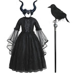 2026 Halloween Carnival Girls Play Black Evil Witch Vampire Elegant Cute Fluffy Lace Dress + Hairband + Raven Accessories Set