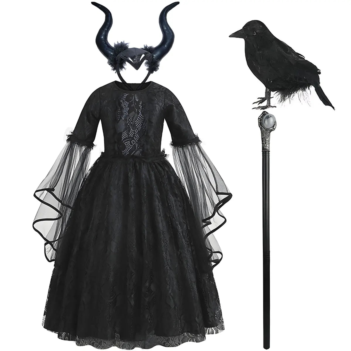2026 Halloween Carnival Girls Play Black Evil Witch Vampire Elegant Cute Fluffy Lace Dress + Hairband + Raven Accessories Set