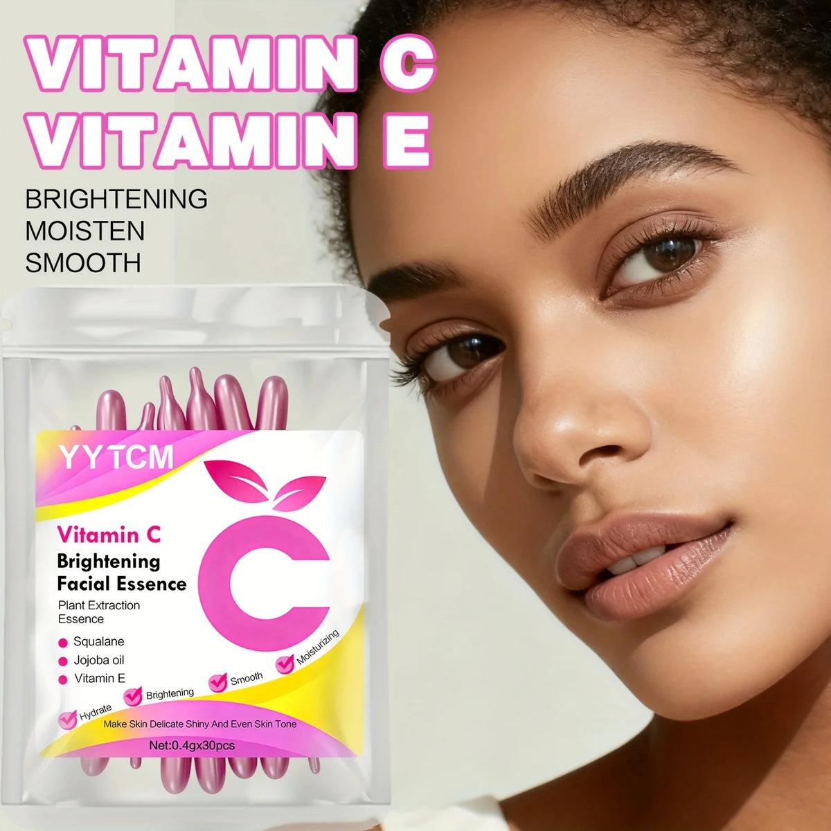 Vitamin C Skin-Brightening and Moisturizing Capsule Essence, Hydrates and Smooths Skin, Contains Plant Squalane, Vitamin E, Magnolia Oil, Jojoba Seed Oil, Deeply Hydrates and Brightens Skin Essence (0.4Gx30 Capsules)/Bag-1 Ba