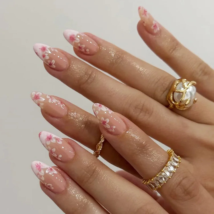 24Pcs French False Nails Almond Fake Nails with Glue Press on White Edge Design Wearable Simple Ins Pink Stiletto Nail Tips