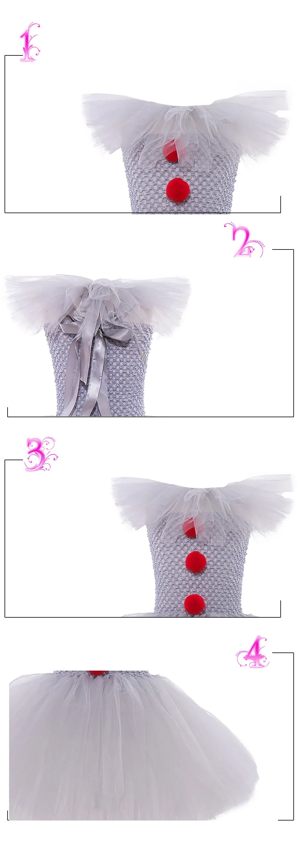 2026 Halloween Trick or Treat Carnival Party White Gray Scary Clown Mesh Fluffy Dress Girl Cosplay Joker Costume Accessories Set