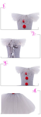 2026 Halloween Trick or Treat Carnival Party White Gray Scary Clown Mesh Fluffy Dress Girl Cosplay Joker Costume Accessories Set