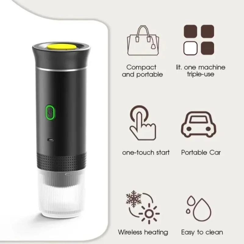 Coffee Machine Wireless Electric Coffee Machine Can Be Heated Portable 3-in-1 Capsule Powder Compact Electric Coffee Machine Pump-Driven Espresso Coffee Maker Kitchen Appliances Smart Home Type-c Rechargeable For Travel Campi