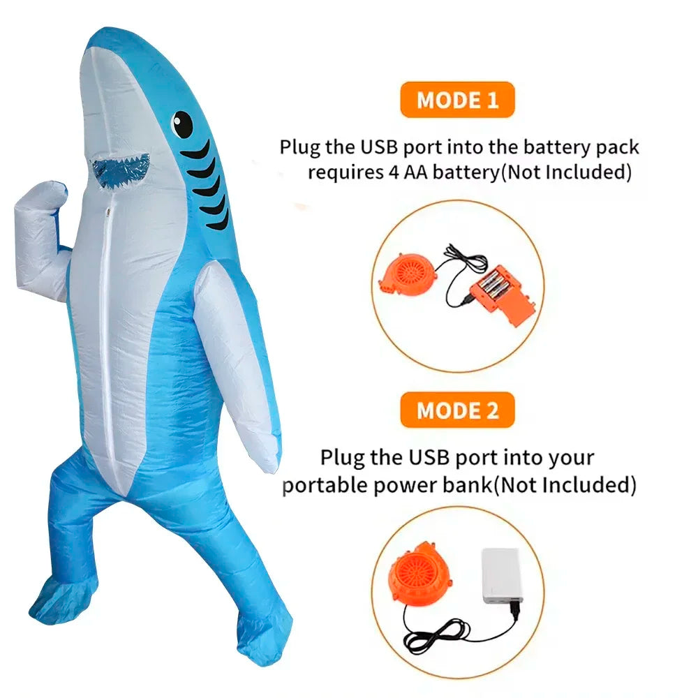 Christmas Cute Unique Standing Blue Shark Design Inflatable Suit, Halloween Play Inflatable Costume Props Shark Inflatable Suit