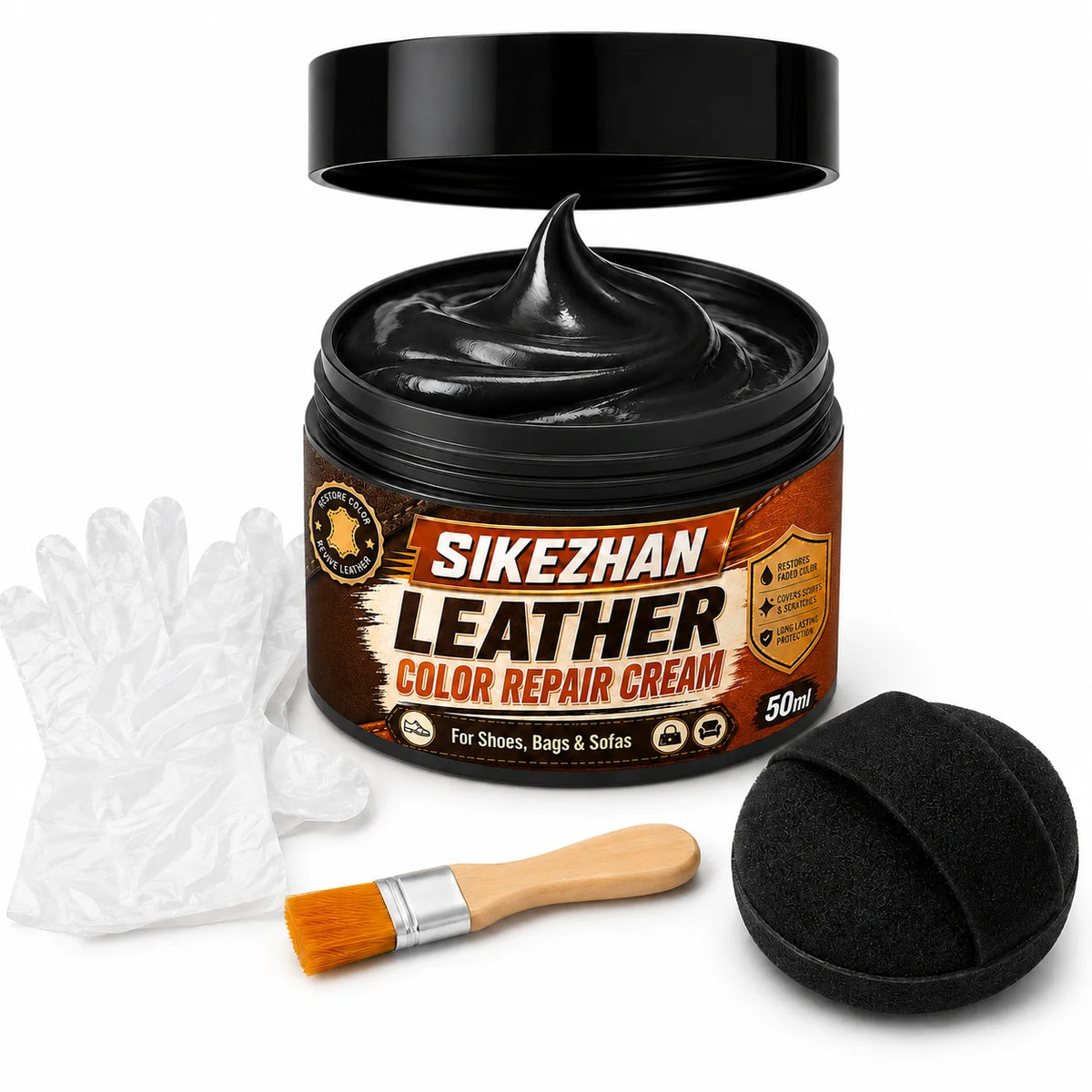 Leather Repair Cream 50ml for Shoes Handbags Sofas Car Seats, Color Restoring Balm with Applicator Brush Sponge Gloves, 4 Shades