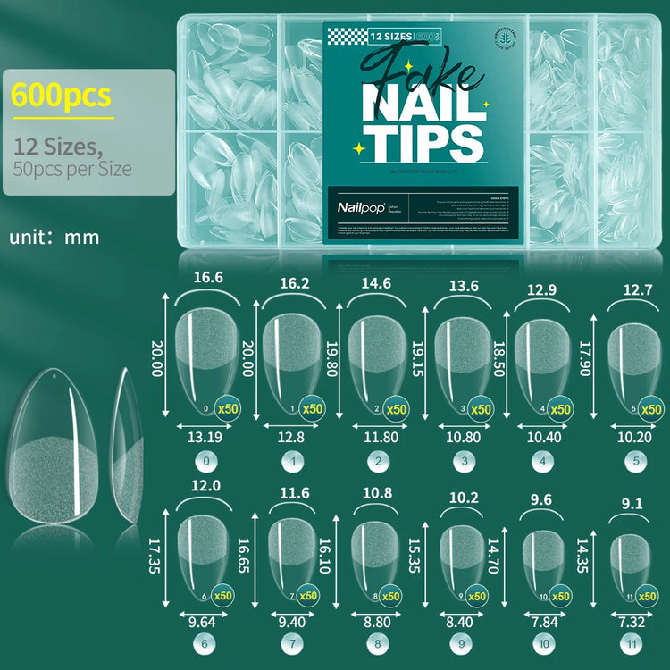 NAILPOP Soft Gel Nail Tips 600PCS Pre-Buff Full Cover Coffin Almond  Oval Shaped Nail Extenison Tips Half Matte Gel X Fake Nails