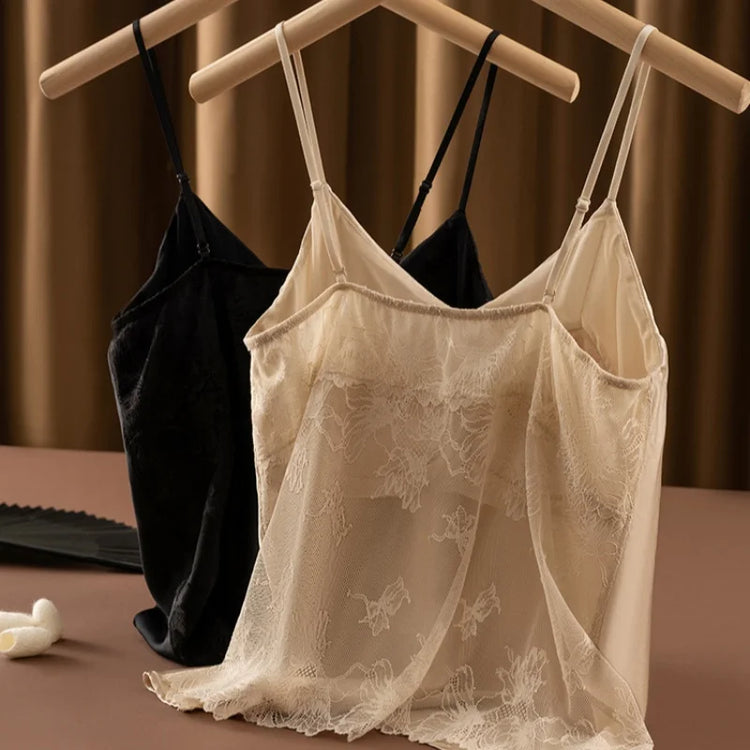 Birdtree,Woman's 19MM 93% Silk 7% Spandex Tank Top,with Built In Bra Vest,Solid Lace V-neck Sling Tops,2026 Spring New T61510JF