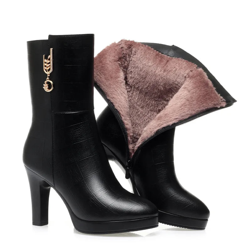Women's Autumn Winter Fashion Leather Boots Warm High-heeled Plush Trend Mid-calf Zipper Round Head Mother Cotton Boots Outdoor