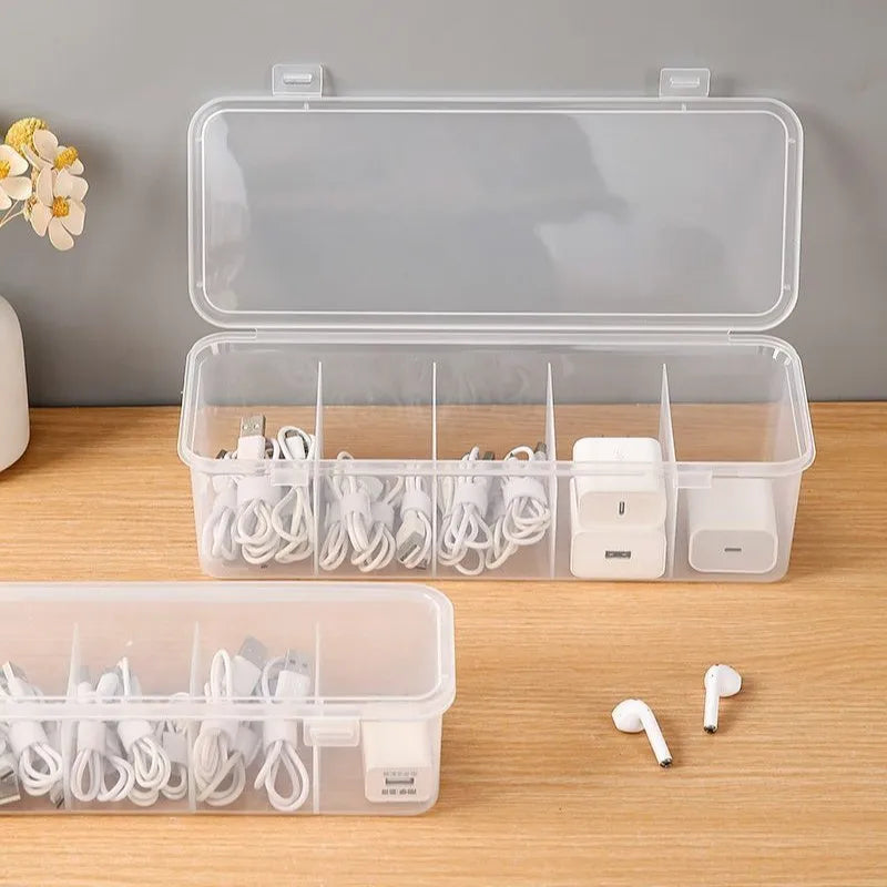 1pc Dustproof Cable Management Box, Clear Transparent Desktop Organizer with Lid, Adjustable Dividers for Cords, Storage