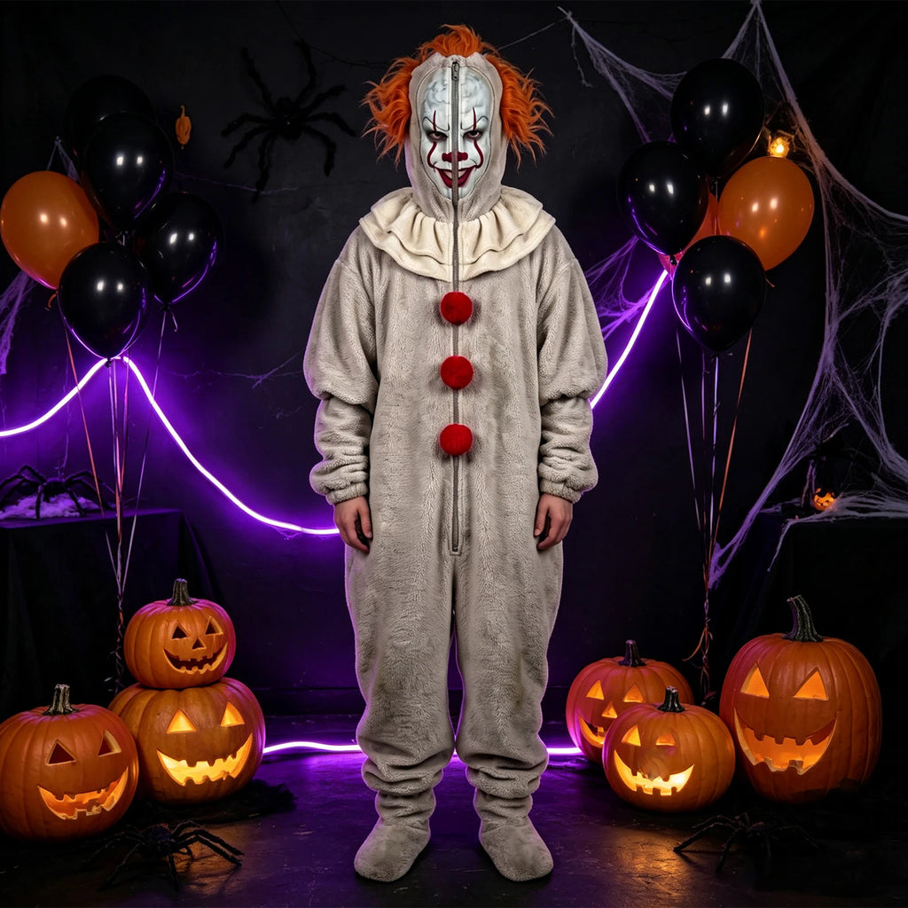 Clown Onesie Costume Cosplay Movie Role-playing Props Clown Cosplay Costume Pajama Sleepwear Halloween Bodysuit for Men Women