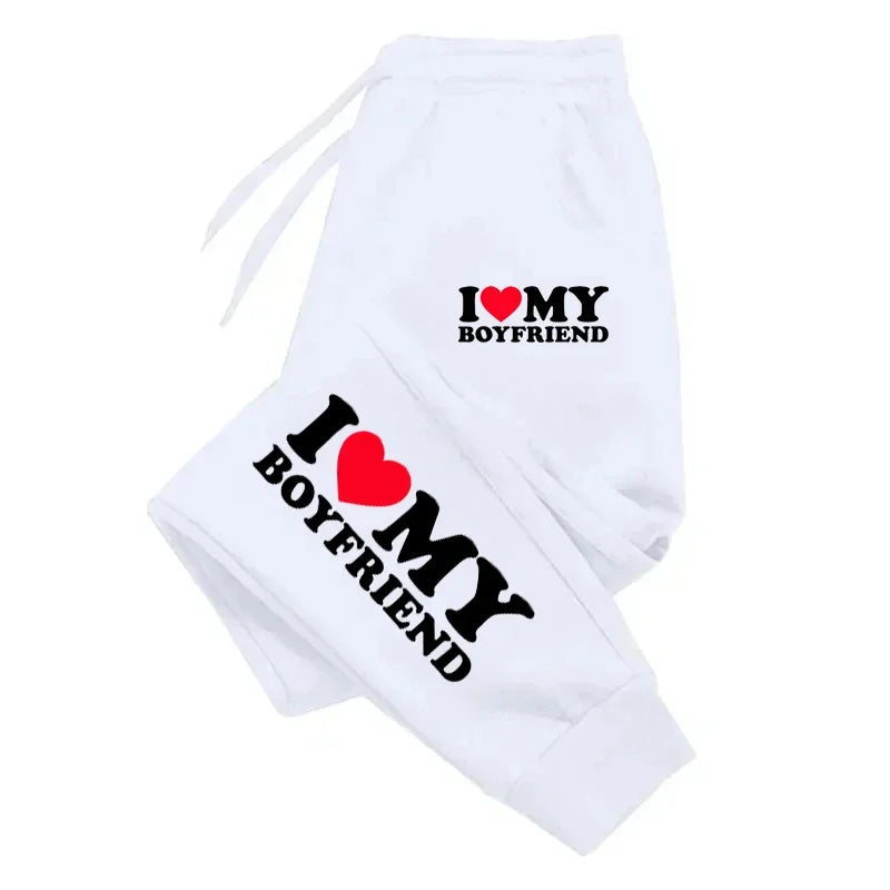 I Love My Boyfriend and Girlfriend Print Pants Woman Man Couple Sweatpants Loose Casual Warm Pants Pocket Drawstring Sportswear