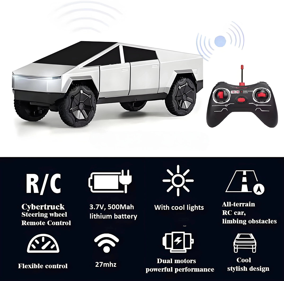 1:24 RC Cybertruck Pickup 4WD Off-Road Remote Control Car, 27Mhz High-Speed Dual Motor Truck with LED Lights,Gift for Boys Kids