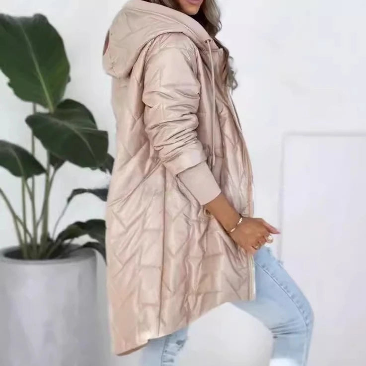 Women Jacket Autumn Winter New Fashion Hooded Loose Long Sleeve Solid Color Zip Up Casual Coat Outerwear