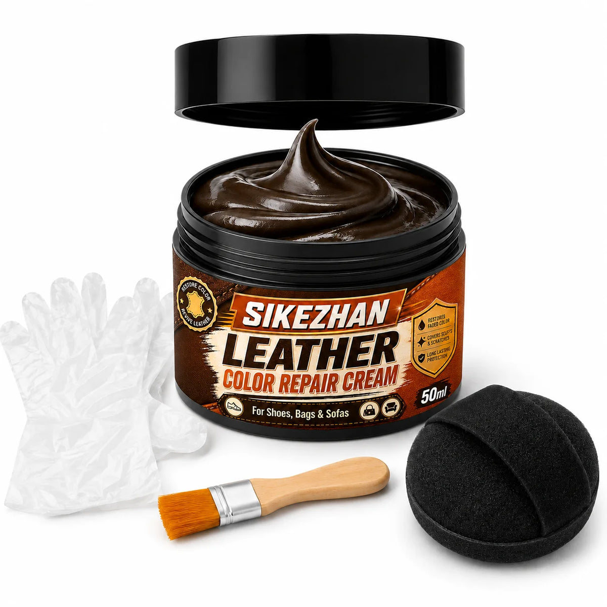 Leather Repair Cream 50ml for Shoes Handbags Sofas Car Seats, Color Restoring Balm with Applicator Brush Sponge Gloves, 4 Shades
