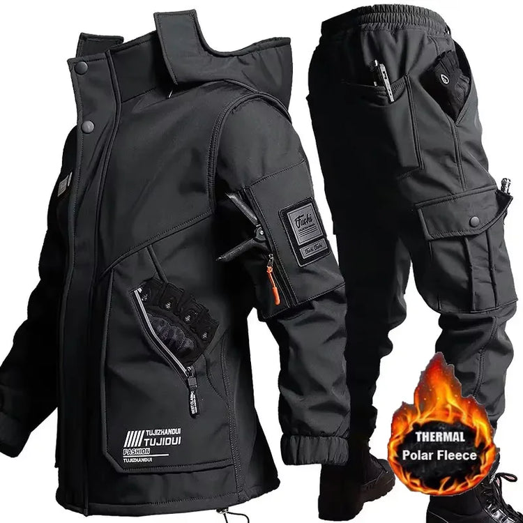 Winter Men Tactical Work Jacket Sets Velvet Thickened Motorcycle Jacket Wear-Resistant Cargo Pants Outdoor Training Tracksuits