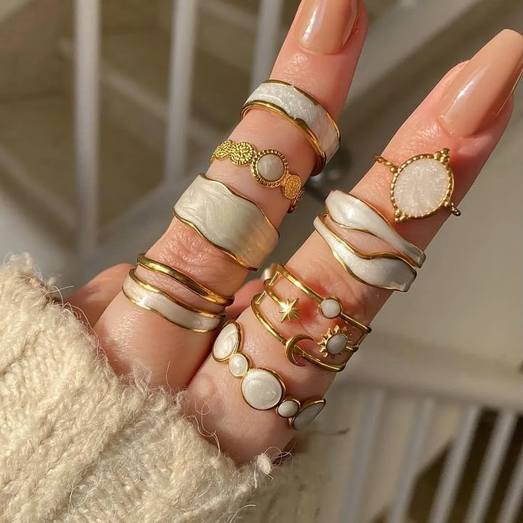 15PCS/Set Cool Oversized Smooth Abstract Lava Line Ring Set Women's Trendy Geometric Stacking Finger Ring Accessories