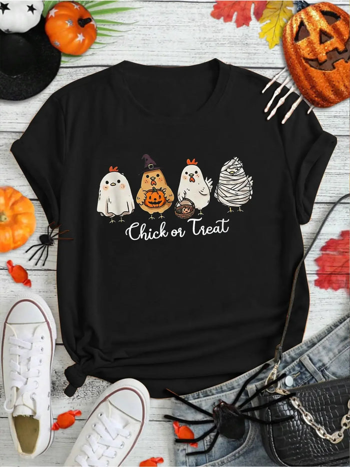 100% Cotton Chick Or Treat Halloween Witch Spooky Chicken Lover Farmer T-Shirt Print Round Neck Short Sleeve Streetwear Fashion Breathable Homme Soft Unisex Designer Clothes For Women Casual Clothes