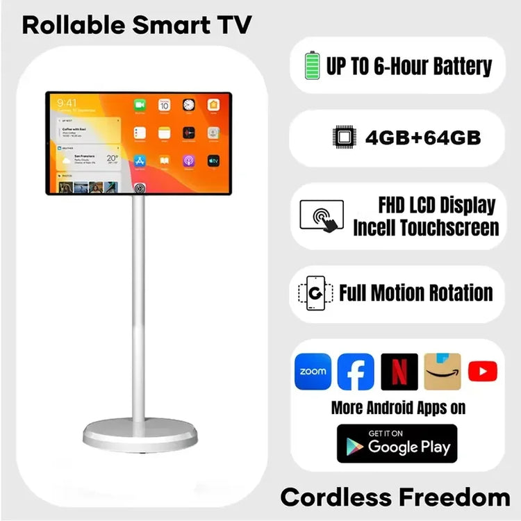 32 Inch Android 13 Smart TV 6GB+64GB LED Portable Television for Home Gym Entertainment White Mini Screen with Stand