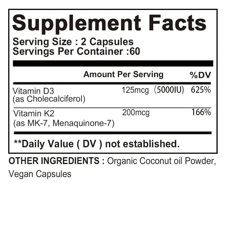 Vitamin D3 + K2 Supplement - Promotes Strong Bones, Calcium Absorption, Teeth, Heart, Cardiovascular Health