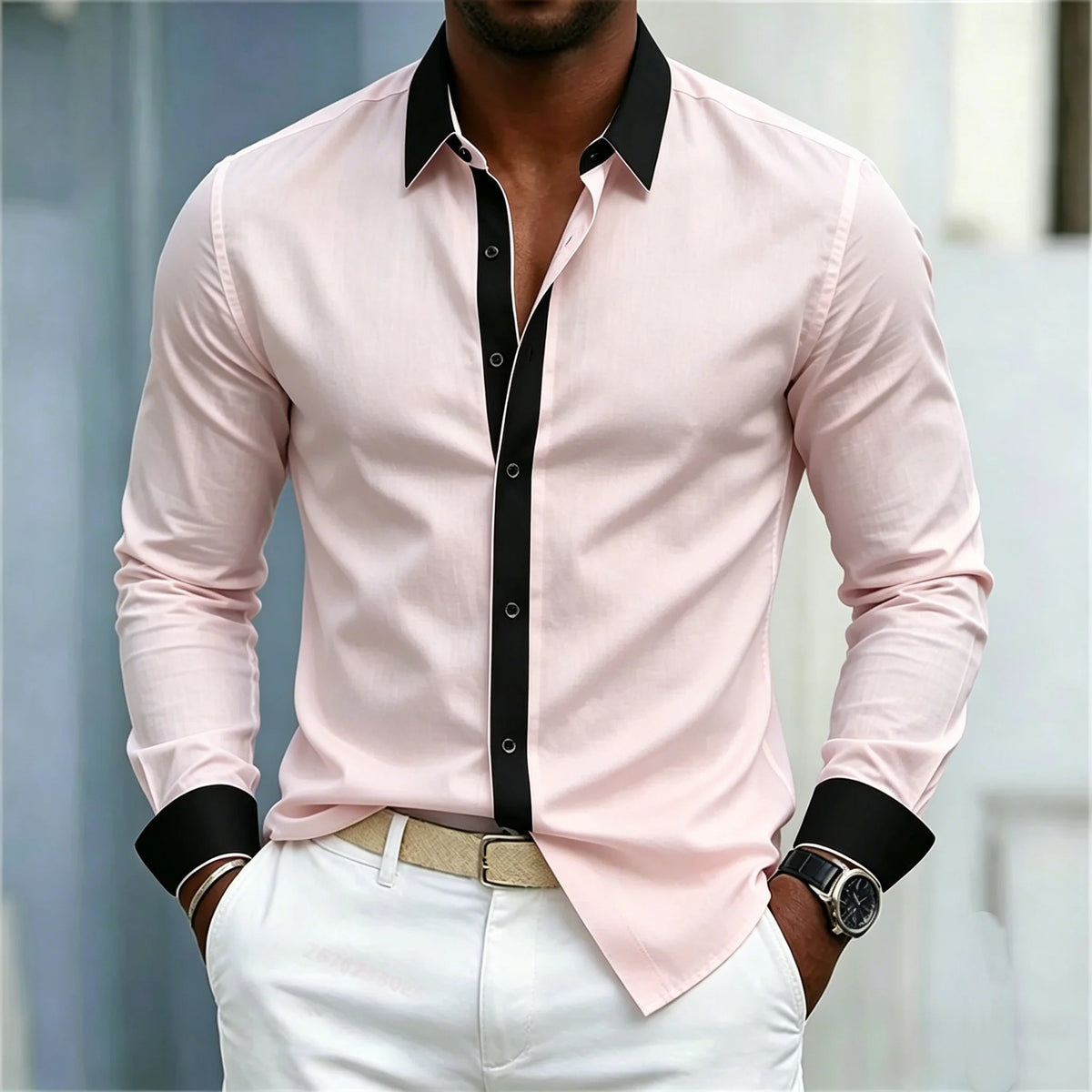Men's Shirt Black And White Contrasting Splicing Men's Lapel Long Sleeved Shirt Slim Fit Business Casual Men's Top Size