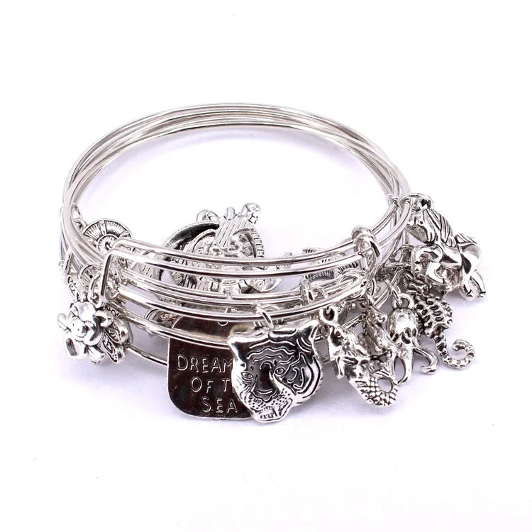 5pcs Bangle Set Wire Bracelets for Women Girls Jewllery Mixed Marine Life Starfish Dolphin Turtle Charm Bracelets C039