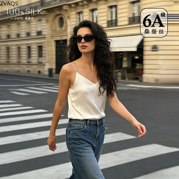 ZVAQS Women Silk White Camisole Grade 6A 100% Mulberry Silk 16MM Tank Tops Women V-neck Camisoles Summer Top Ladies Clothes топ