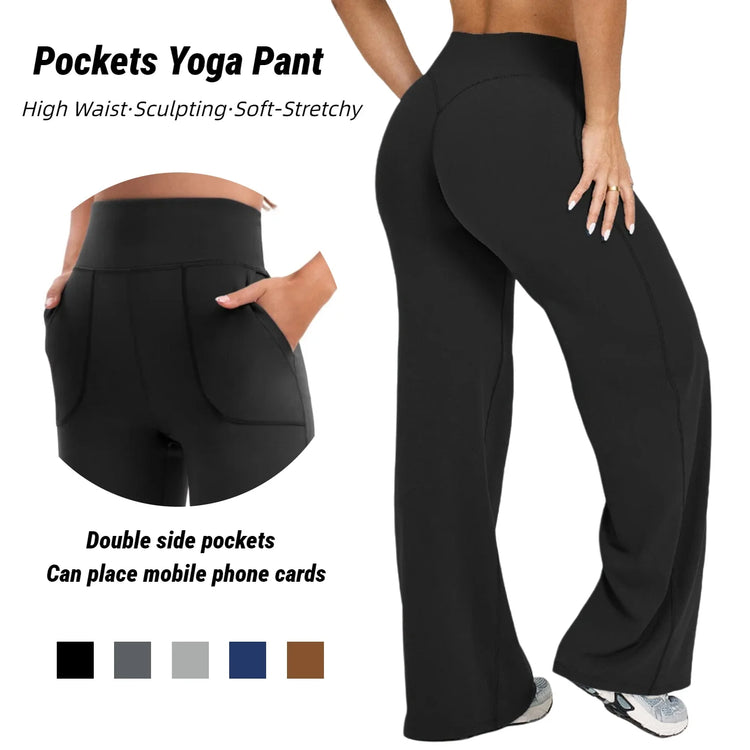 Women's High Waist Flared Yoga Pants Tummy Control M-Line Butt Lifting Two Pockets Stretchy Soft Flowy Workout Office