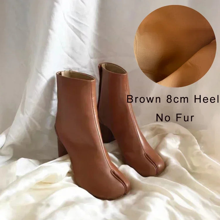 Luxury Brand Designer Tabi Split toe Ankle Boots Women Genuine Leather Chunky Round Heel Short Boots 2024 Autumn Winter Shoes