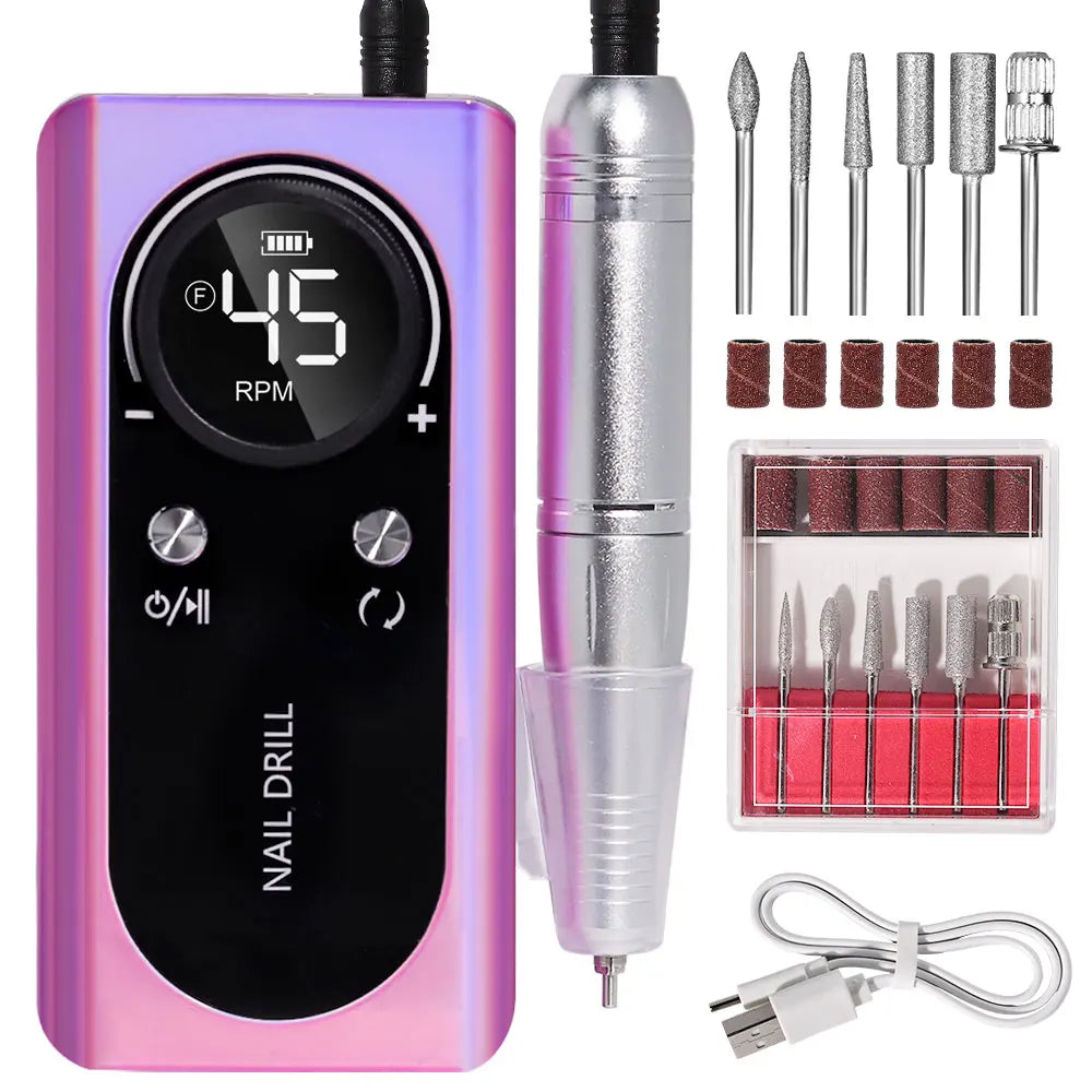 45000RPM Rechargeable Nail Drill Machine with LCD Low Noise Professional Nail Polish Sander Nails Accessories Set
