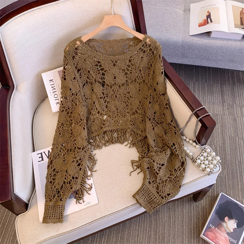 Fashionable Large Size Women's  Hook Hollow Knitted Top round Neck Long Sleeve Tassel Short Style Autumn Outerwear