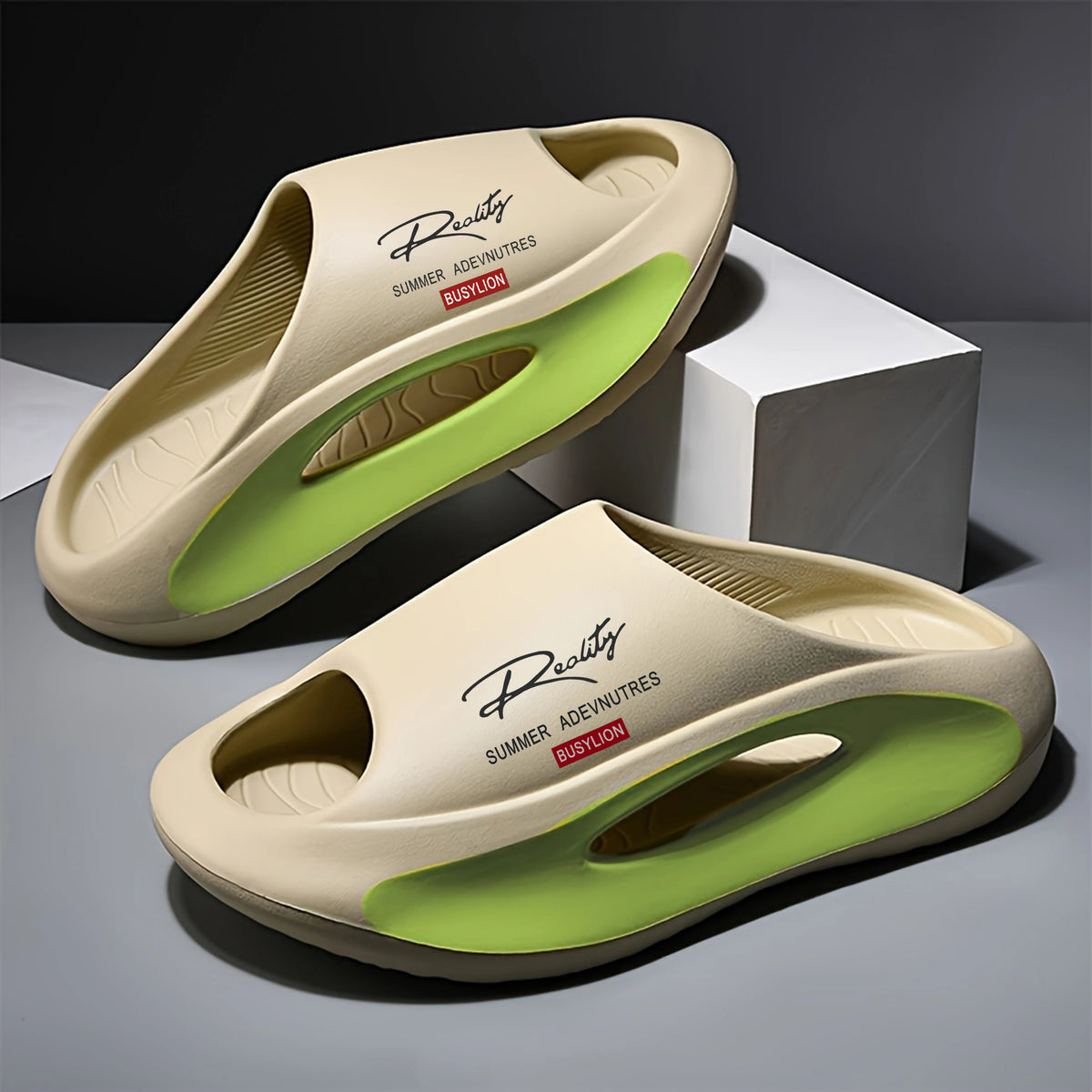 BUSYLION Women's Thick Sole Slide Sandals, Letter Print Slip-On Slippers, Color-Block Open-Toe House Shoes, Non-Slip Elevated Fl