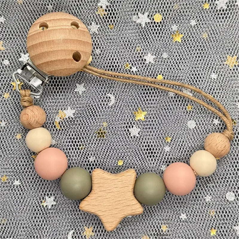 Personalized Baby Pacifier Clip Custom Name Silicone Bead Nipple Dummy Clips Engraved Infant Wooden Pacifier Holder Newborn Gift