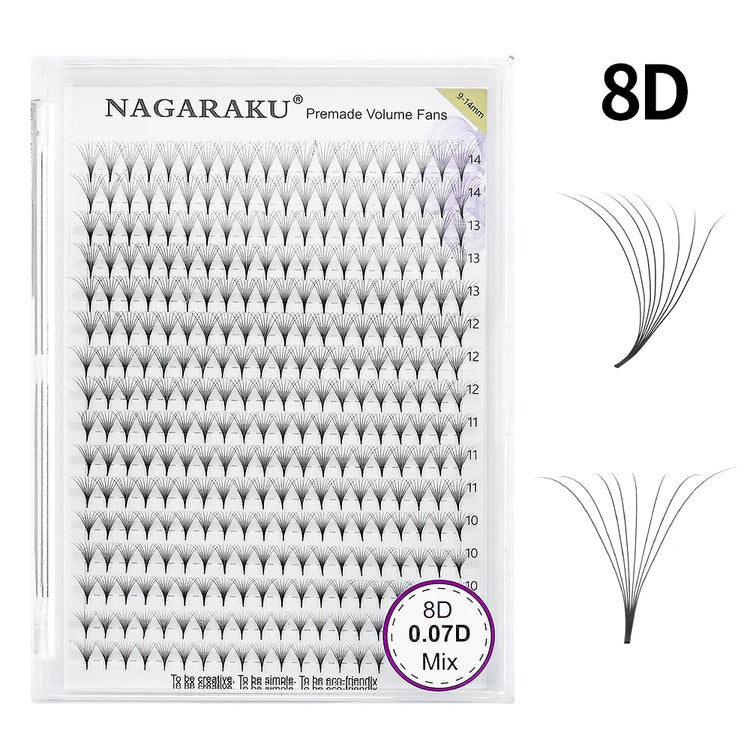 NAGARAKU 320fans Premade Fans Eyelash Extensions All Sizes Pointy Base Volume Sharp Narrow Stem 9-14mm Mix Clusters