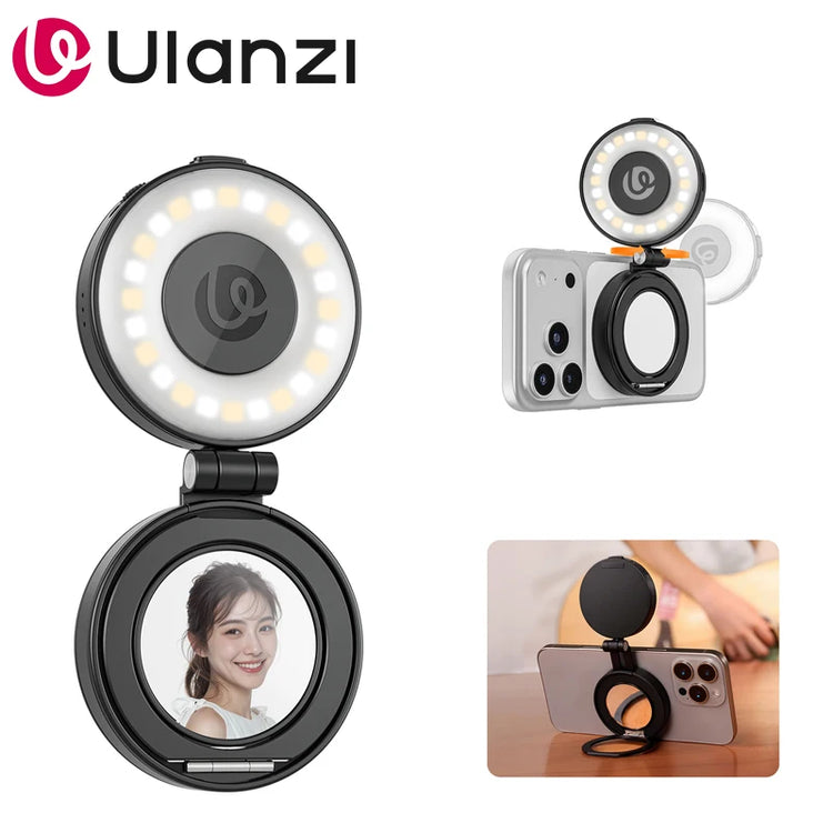 Ulanzi LM23 LED Selfie Ring Light LED Phone Fill Light Magnetic BI-Color for iPhone 17 Samsung Build-in Mirror and Phone Stand