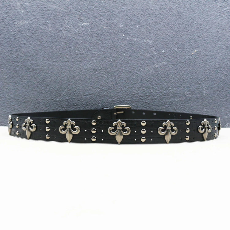 Double-needle buckle belt with heavy black crocodile pattern  Goth Skeleton Rivet Belt Trend Punk Hip-hop Belt Y2K Style Belt