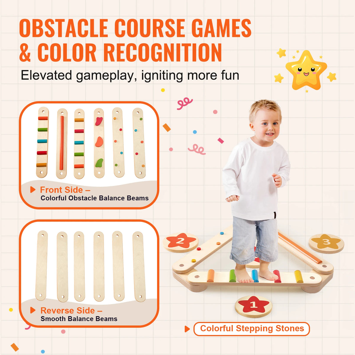 SucceBuy 6 PCS Balance Beam Stepping Stones Indoor Outdoor Wooden Toddler Balance Boards for Kids 2-6 Children Montessori Toy