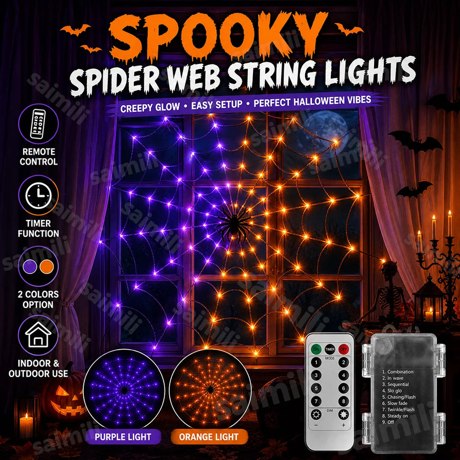Halloween Spooky Spider Web LED Lights Battery Operated 8 Modes For Home Haunted House Halloween Holiday Party Decor Supplies