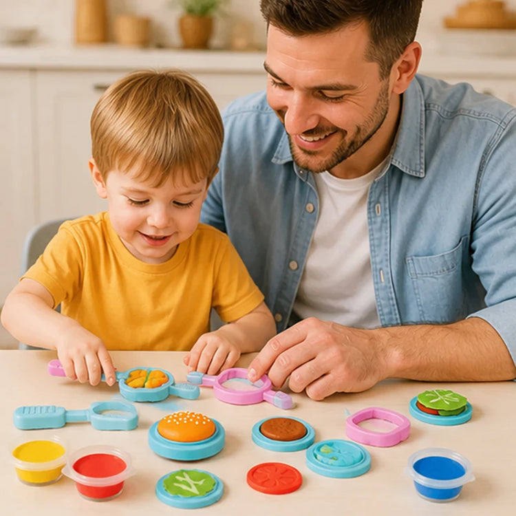 Kids Hamburger Making Kit DIY Food Play Set with Soft Modeling Dough Burger Mold Creative Activity Pretend Kitchen Game Clay Toy