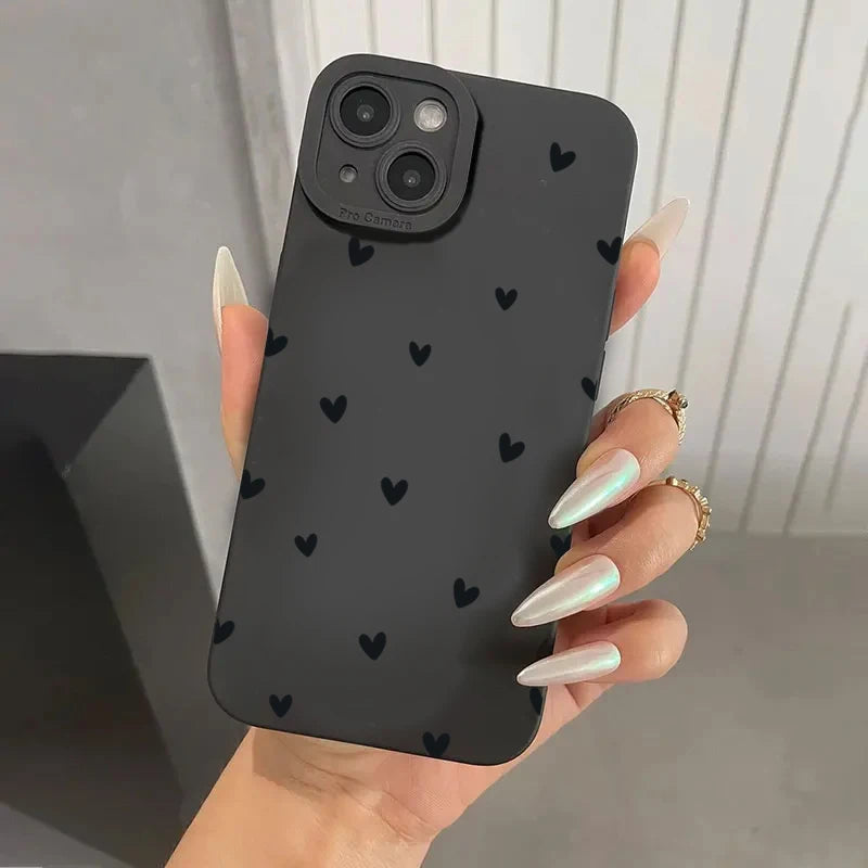 Black Love Heart Phone Case For iPhone 18 17 16 14 15 13 12 11 Pro Max X XR XS 7 8 15 16 Plus SE Shockproof Silicone Soft Cover