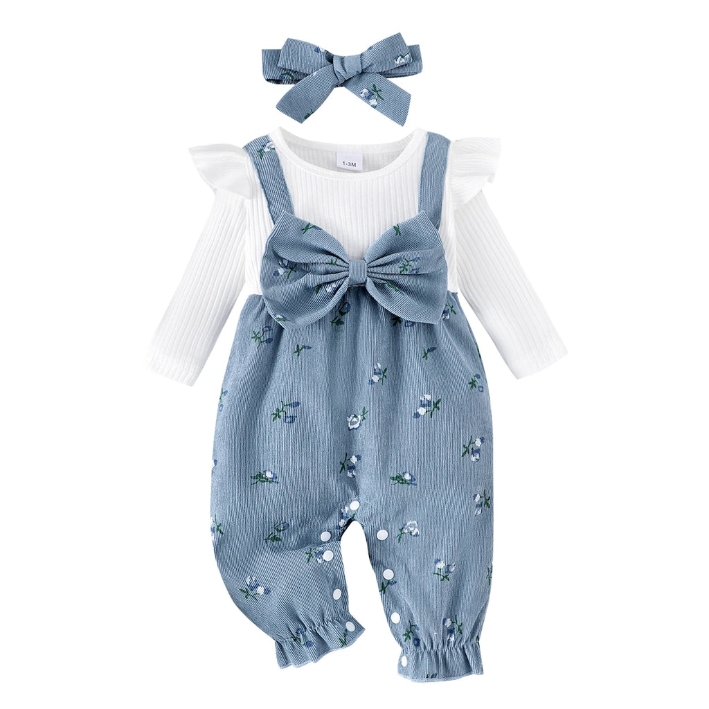 Citgeett Autumn Infant Baby Girls Long Sleeve Romper Floral Print Patchwork Bow Jumpsuits Cute Headband Clothes Set