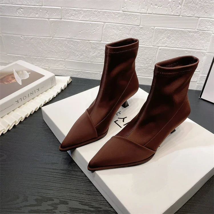 Ladies Shoes Elegant High Thin Heel New Satin Pointed Toe Short Boots Women Stretchce Temperament Ankle Boots Short Elegance