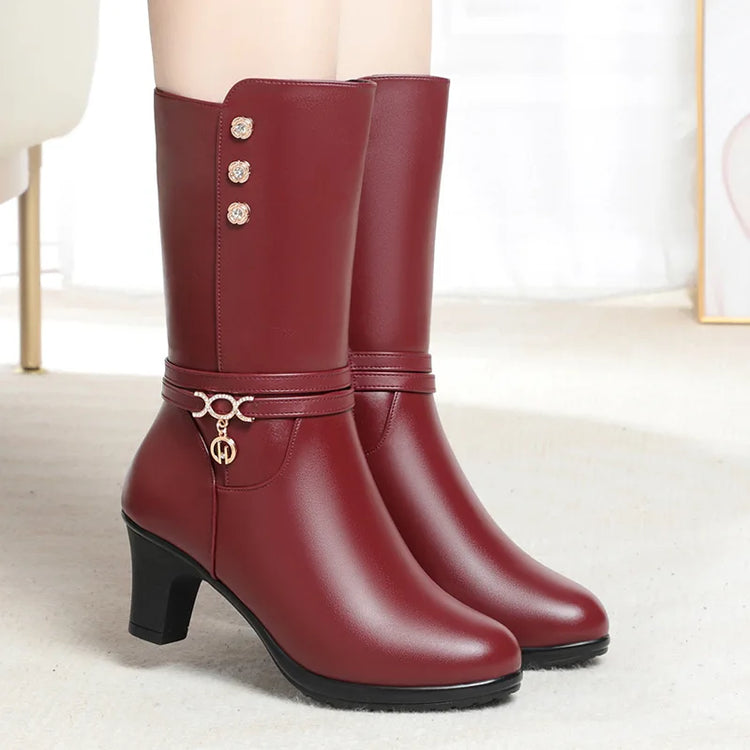 Women Winter Warm Mid Calf Boots Mum Cotton Shoes Metal Decoration Padded Soft Sole Solid Colour Side Zip Rhinestone Shoes